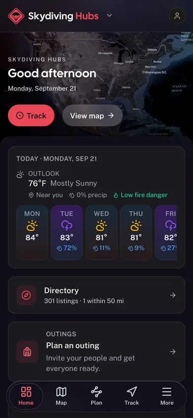 The Skydiving Hubs app dashboard