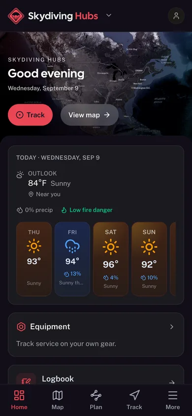 The Skydiving Hubs app dashboard