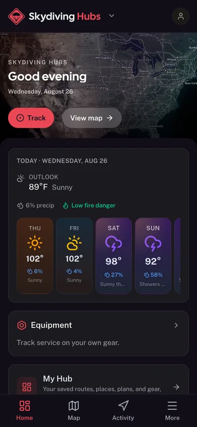 The Skydiving Hubs app dashboard