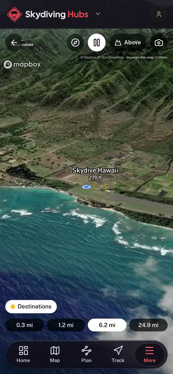 Nearby places standing on the real terrain in 3D in the Skydiving Hubs app