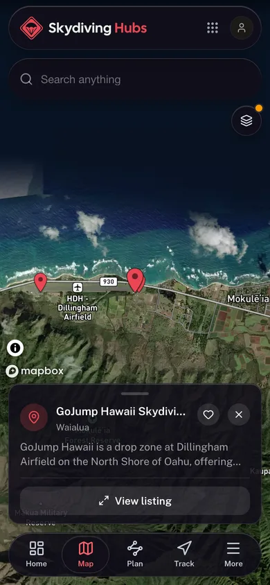 Nearby places mapped in the Skydiving Hubs app