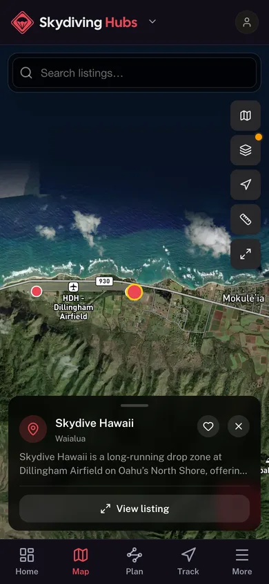 Nearby places mapped in the Skydiving Hubs app