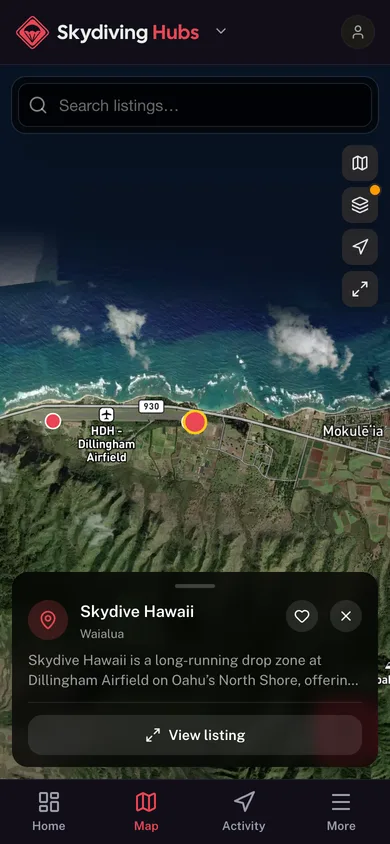 Nearby places mapped in the Skydiving Hubs app