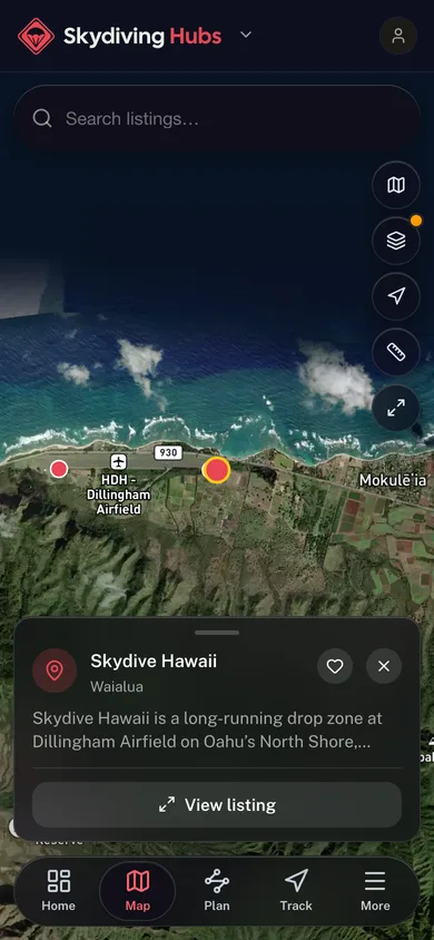 Nearby places mapped in the Skydiving Hubs app