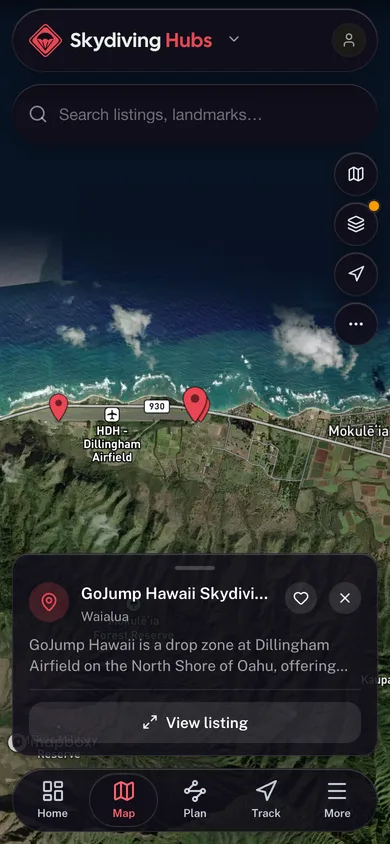 Nearby places mapped in the Skydiving Hubs app
