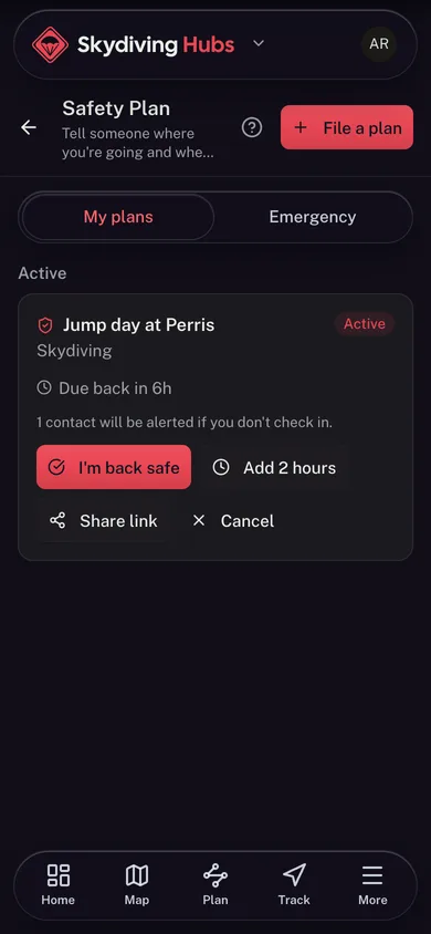 An active safety plan with its check-in time in the Skydiving Hubs app