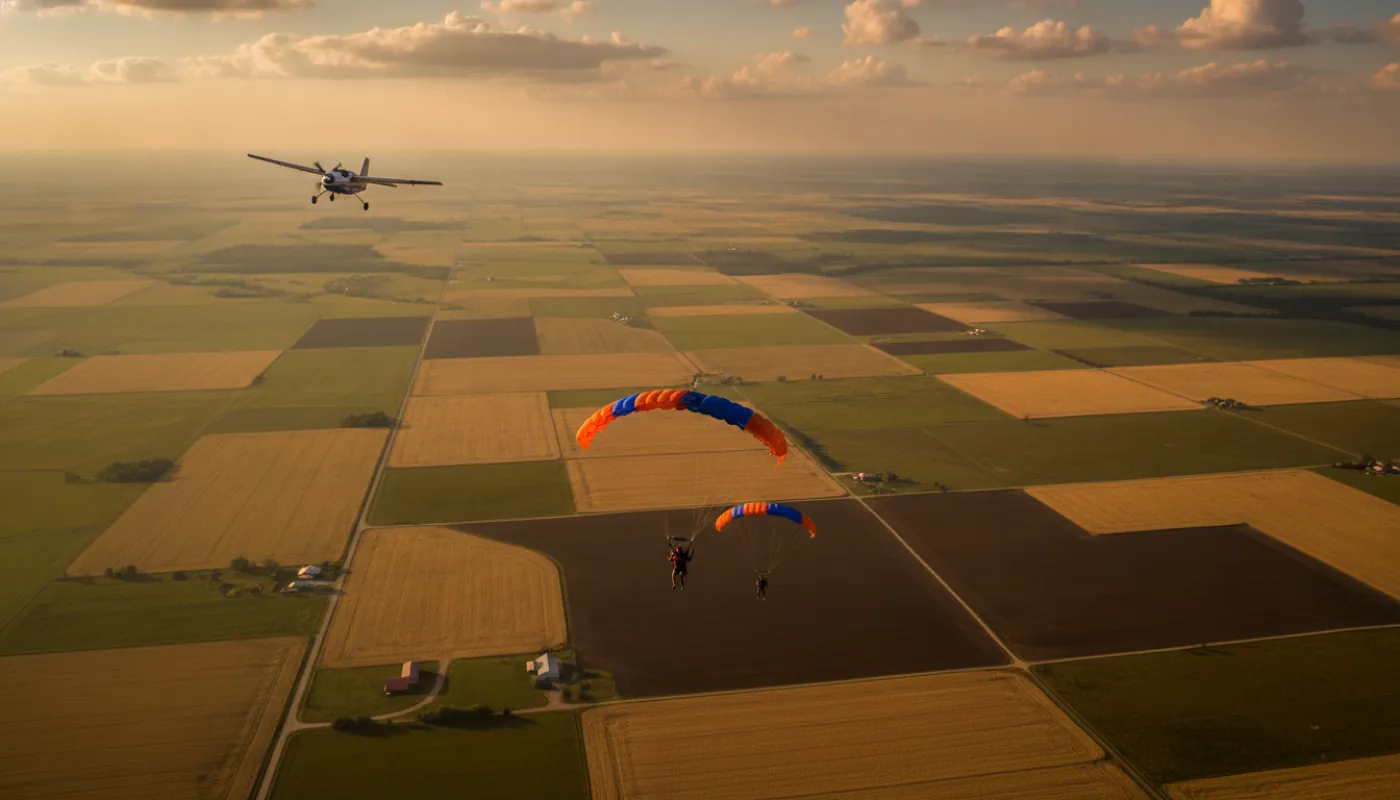 A pair of tandem canopies descending over open farmland in late-afternoon light, a small turbine jump plane banking away high above them