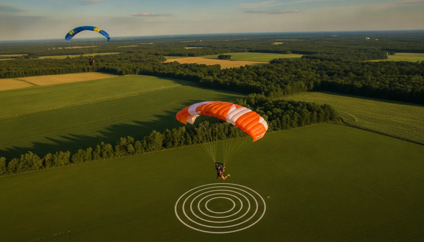 A skydiver under canopy on a braked approach toward a target circle marked on a grass landing area, another canopy visible high above in the pattern