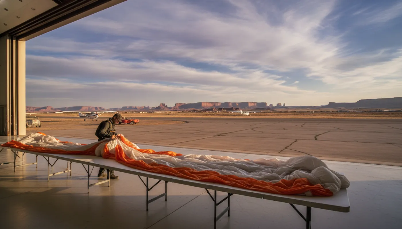 A parachute rigger folding a reserve canopy on a long table just inside an open hangar door, the airfield and a wide bright sky beyond, warm light raking across the fabric