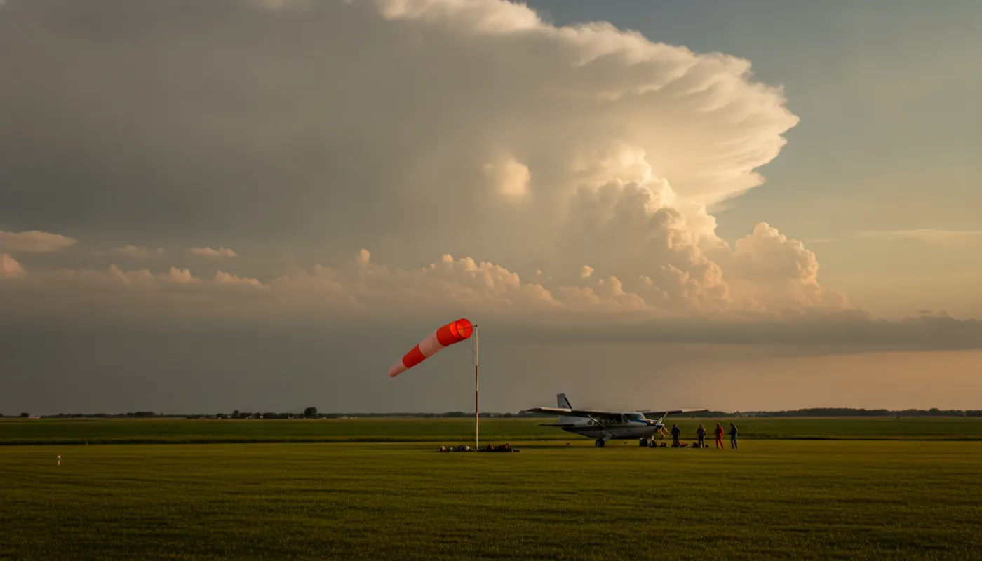 Towering afternoon cumulus building over a flat green drop zone, a windsock standing out stiff in the foreground and a jump plane parked on the grass