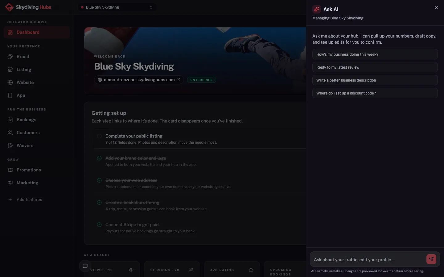 Skydiving Hubs cockpit: AI assistant