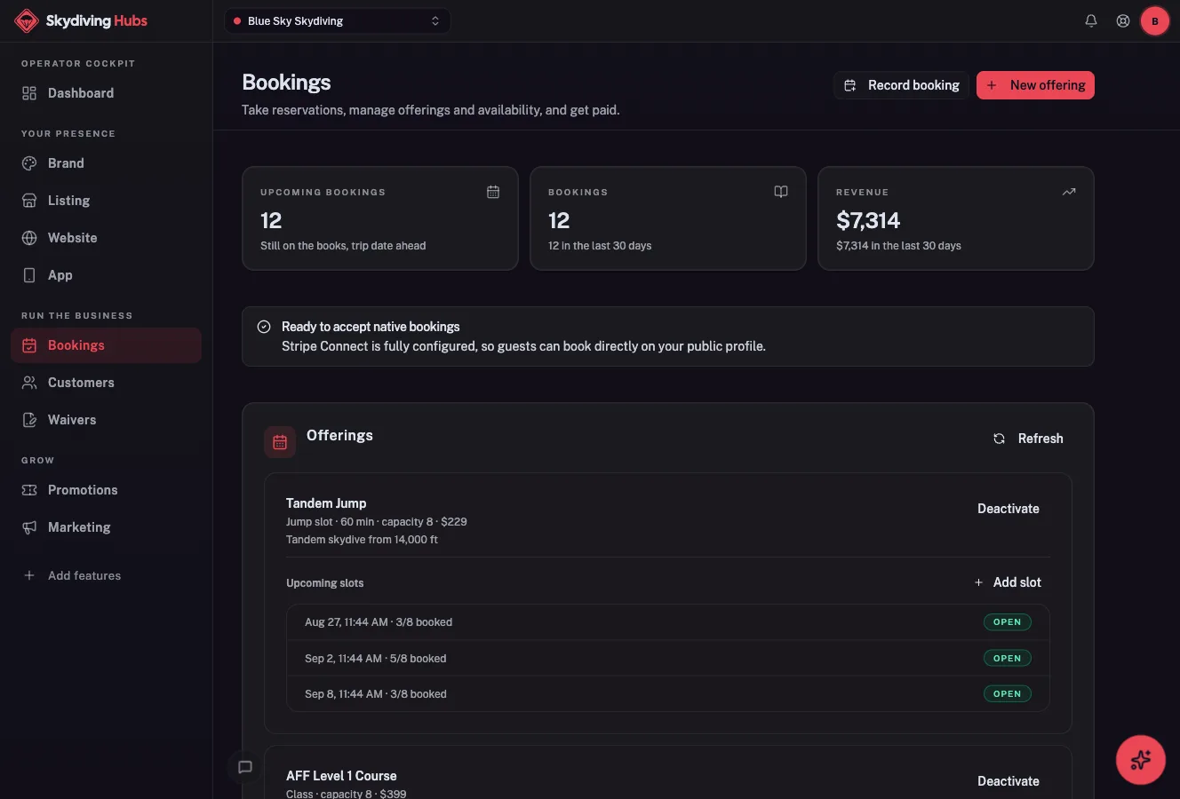 Bookings & payments in the Skydiving Hubs cockpit
