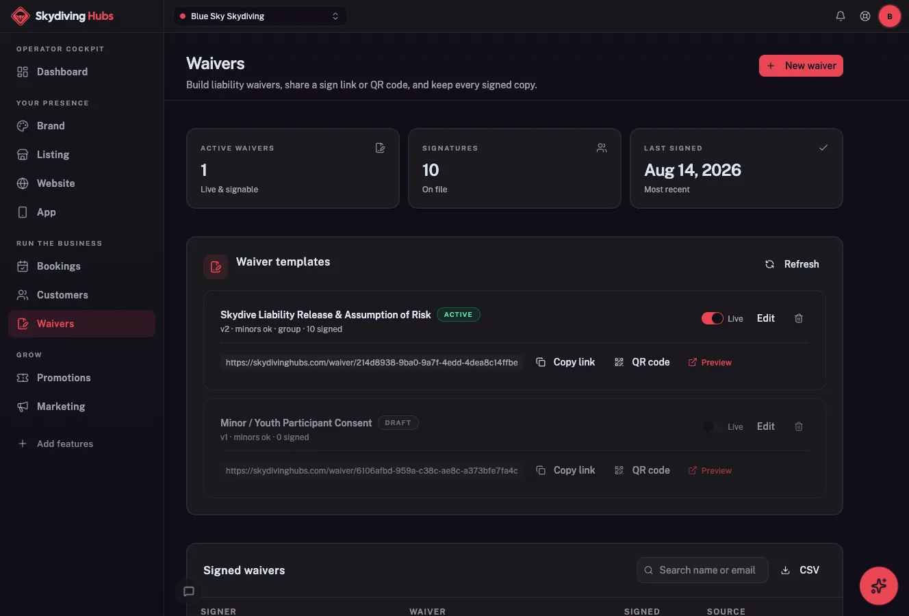 Digital waivers in the Skydiving Hubs cockpit