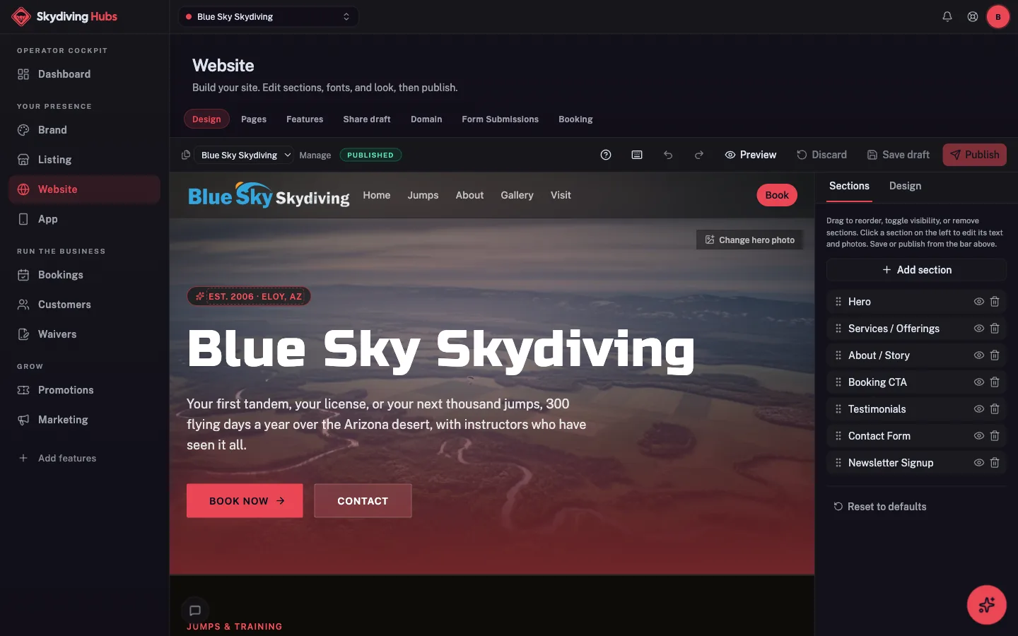 Website builder in the Skydiving Hubs cockpit