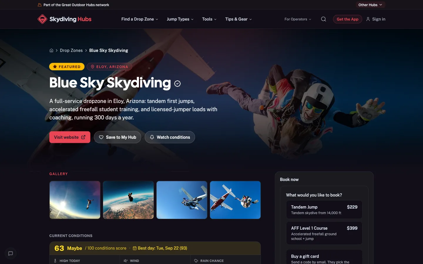 Directory listing as a customer sees it on Skydiving Hubs